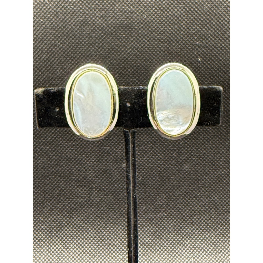 Bergere Vintage Silver Tone Mother of Pearl Oval Clip On Earrings
